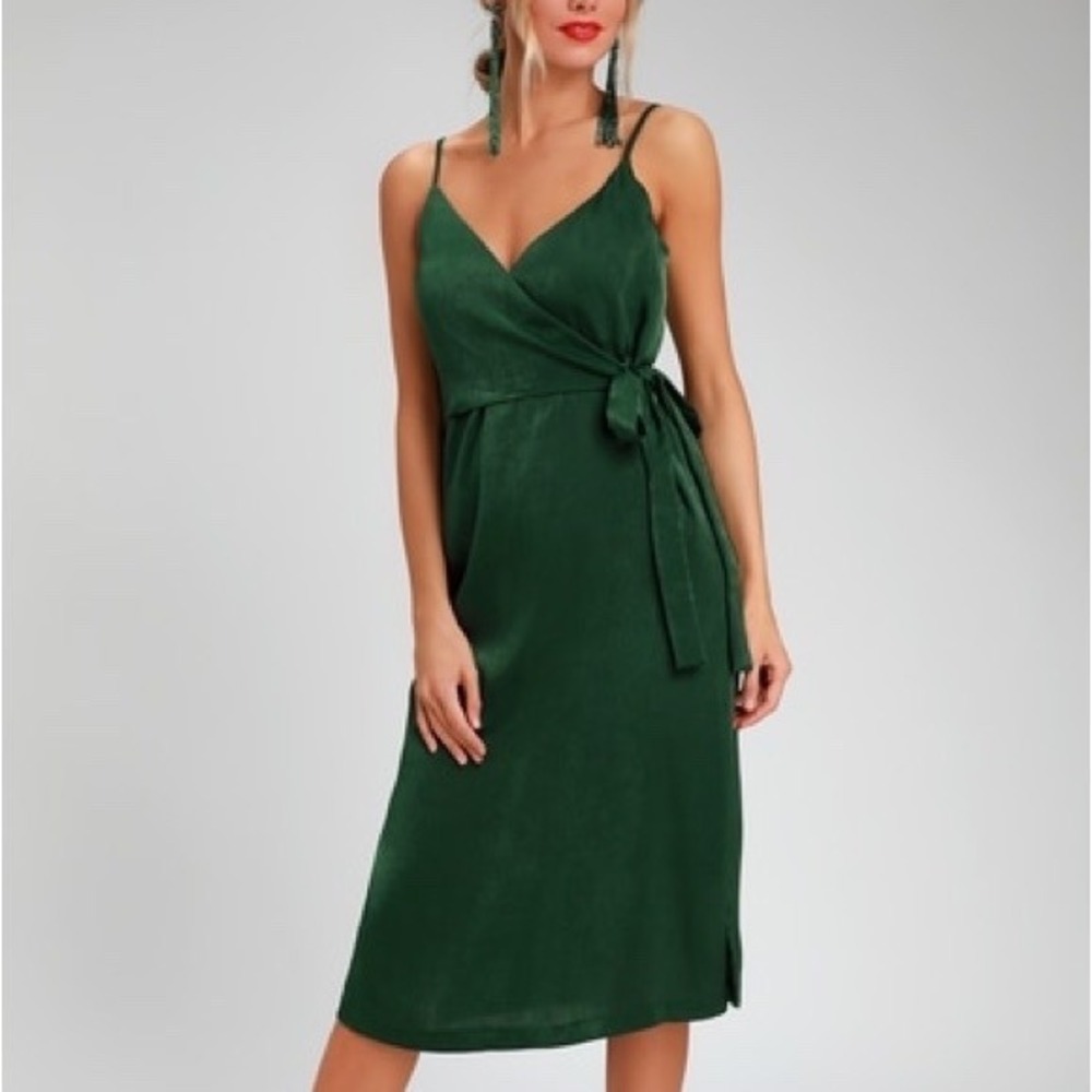 Lulu's Joa fall in love forest green faux wrap midi dress xs special event